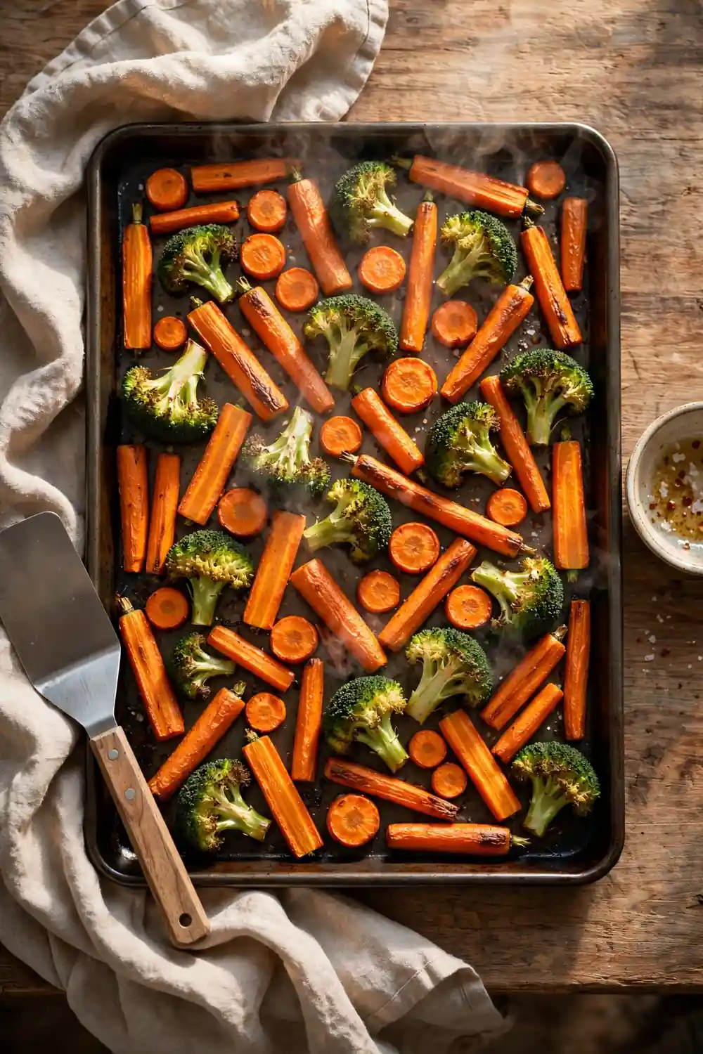 Vegetables spread in a single layer on a baking sheet