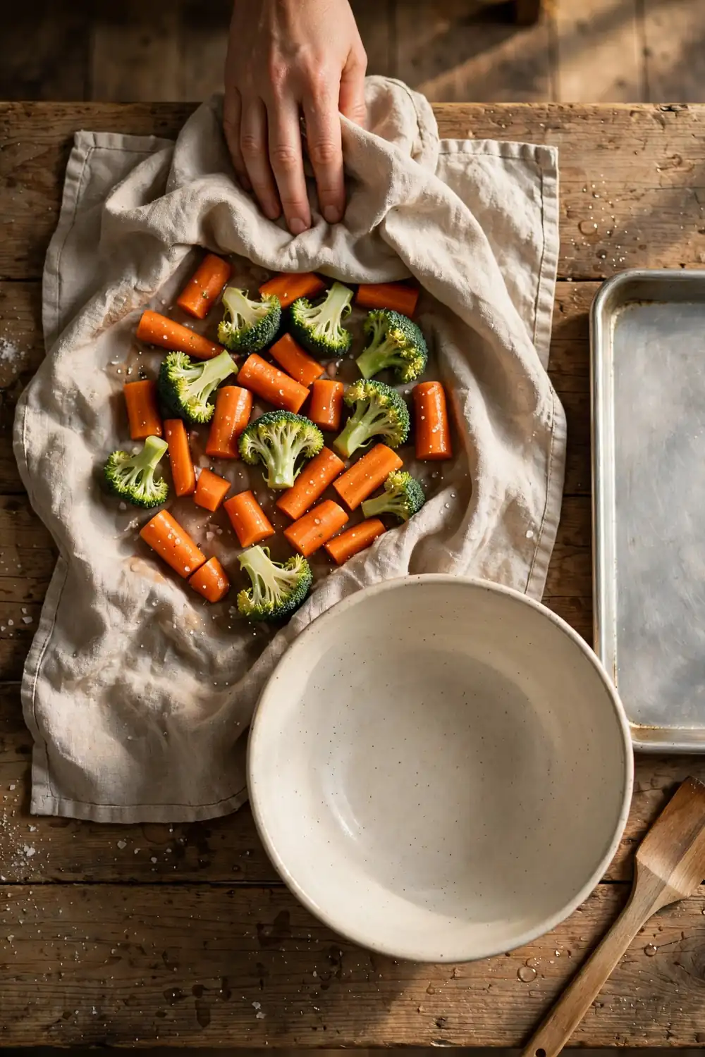 Vegetables patted dry with a linen towel