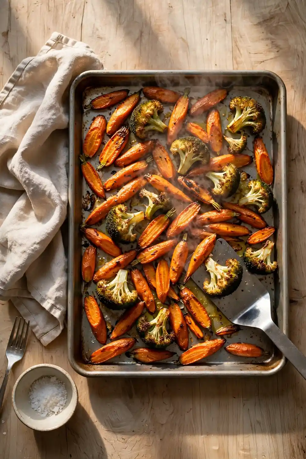 Vegetables flipped halfway through roasting