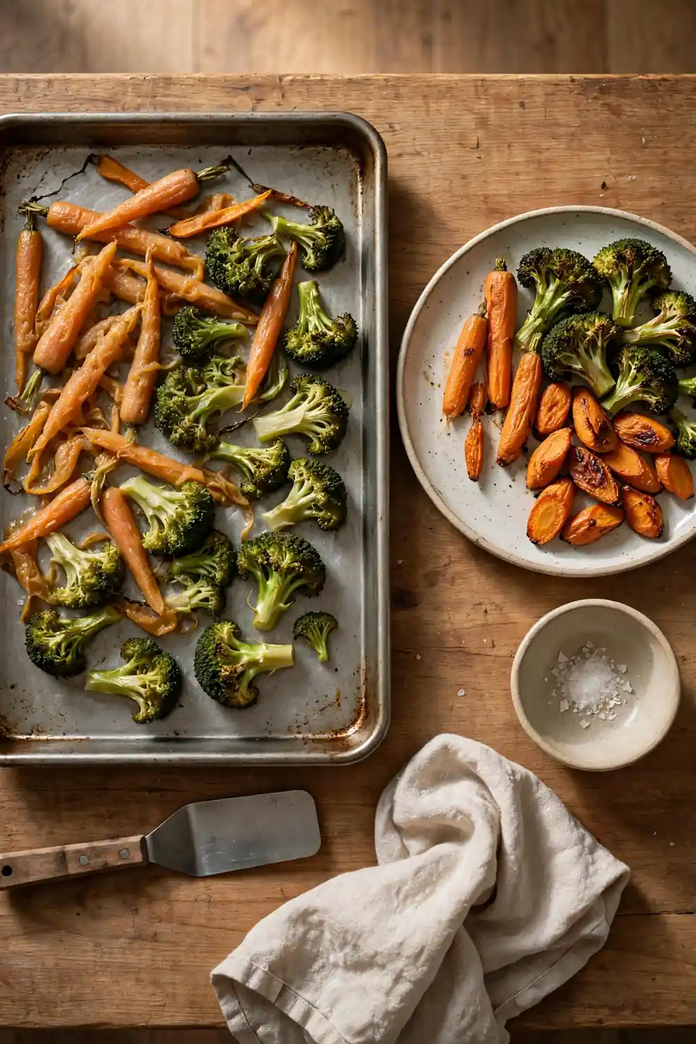 Soggy vegetables beside crisp roasted vegetables