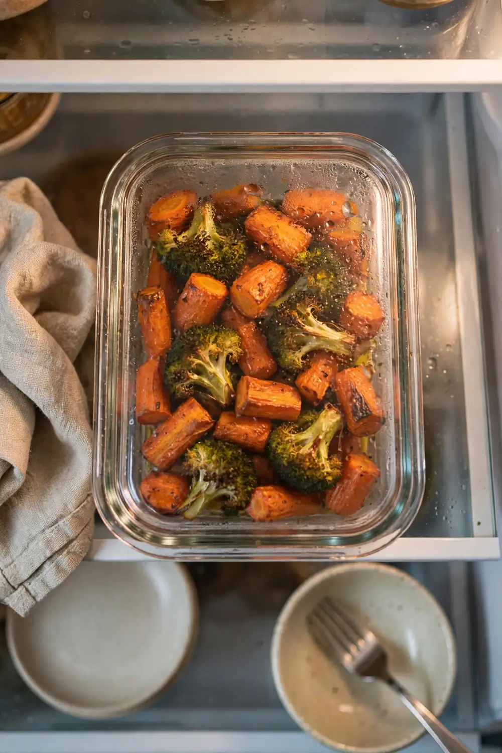 Cooked roasted vegetables in a sealed glass container