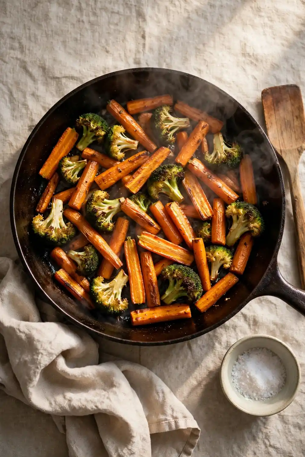 Roasted vegetables reheated gently in a pan
