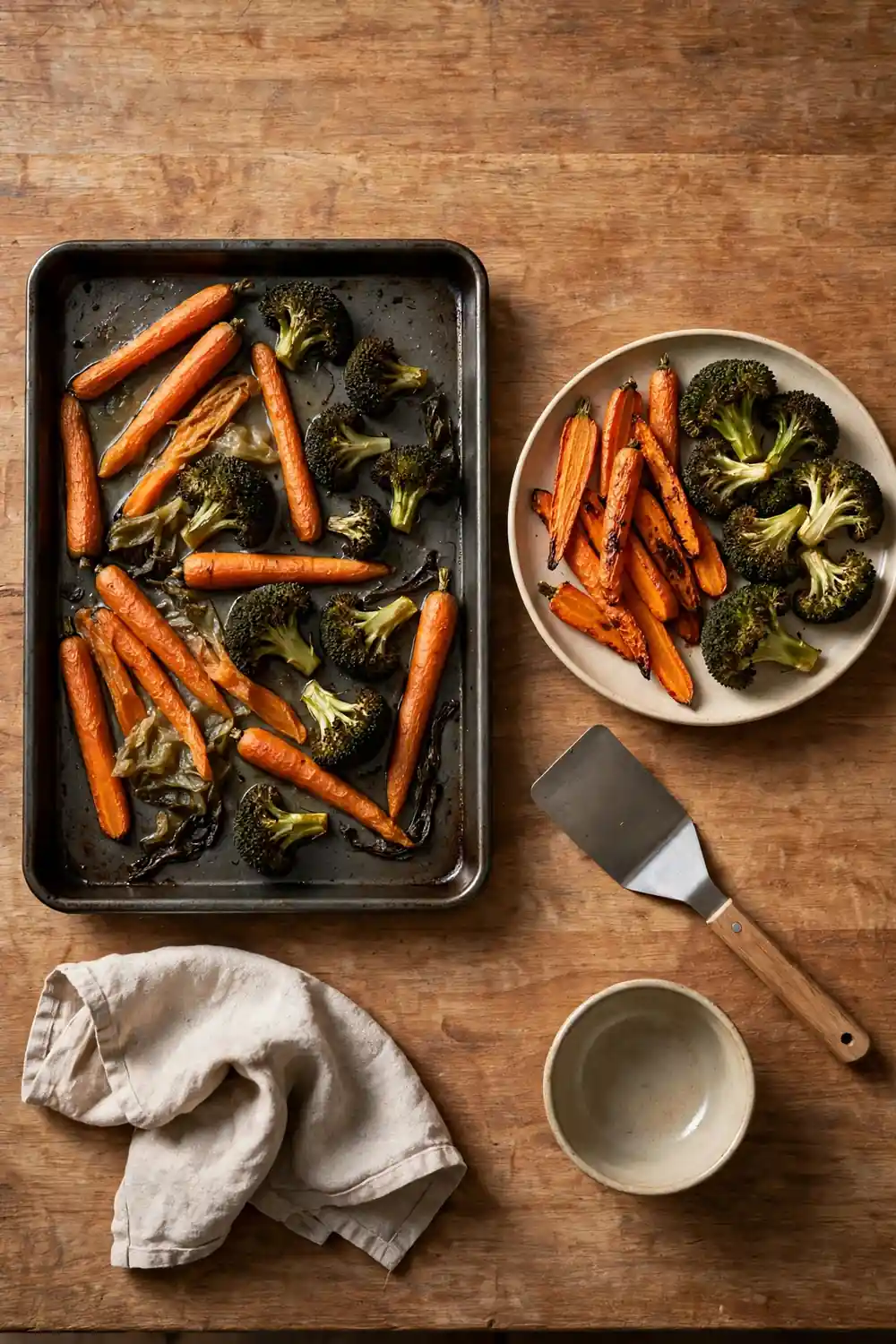 Soggy vegetables beside crisp roasted vegetables