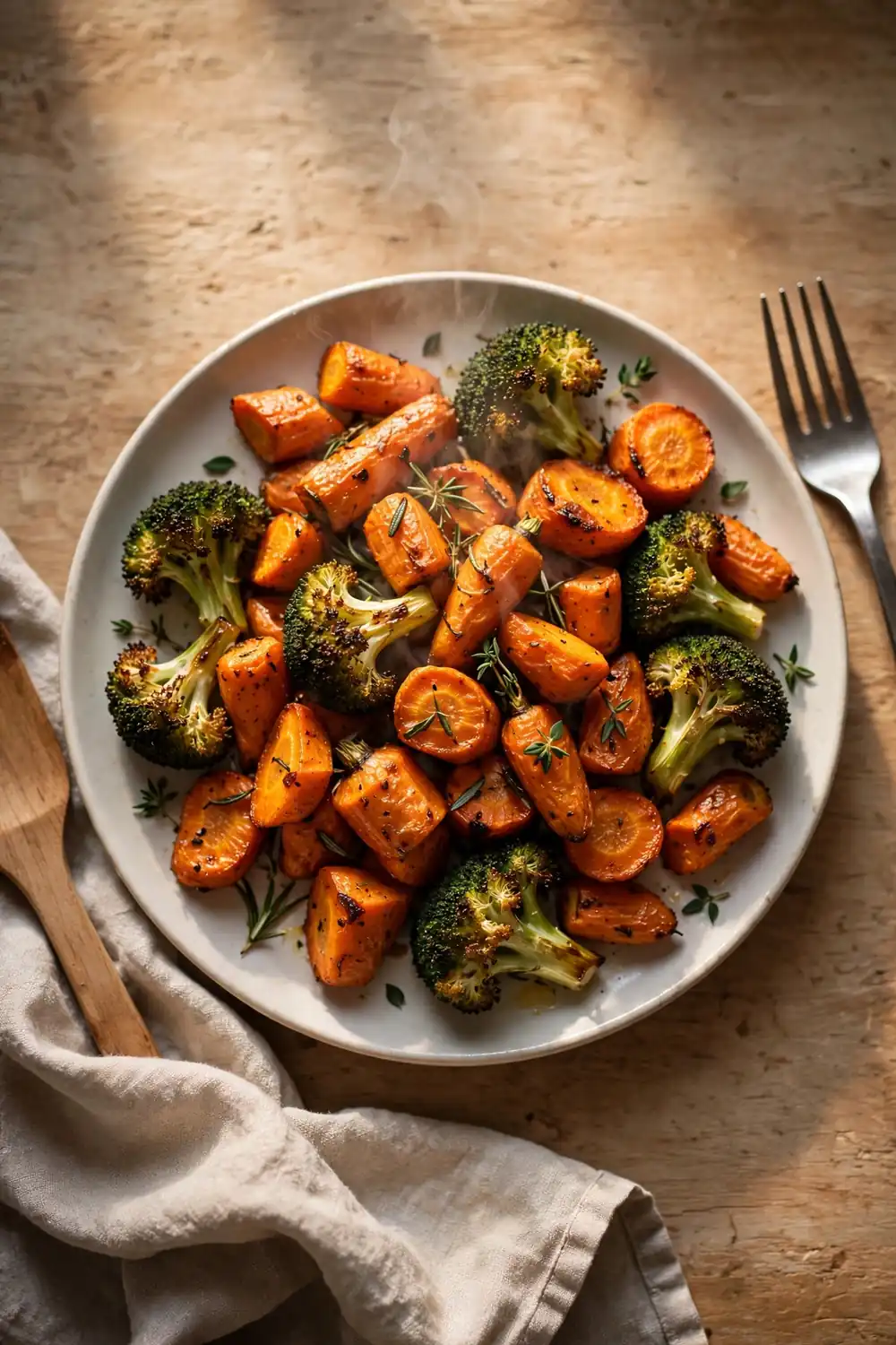 Perfect roasted vegetables served on a round plate
