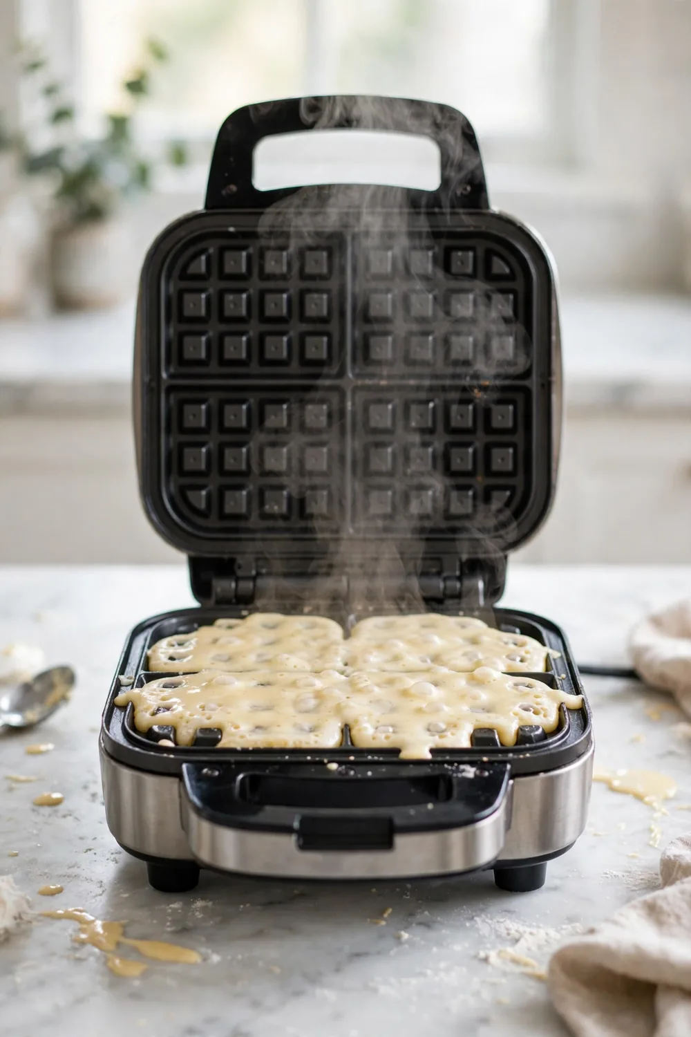 Hot waffle iron with steam rising as batter starts to cook