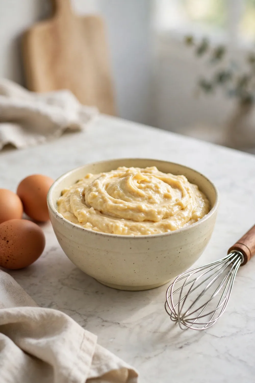 Thick waffle batter in a bowl with whisk and eggs beside it