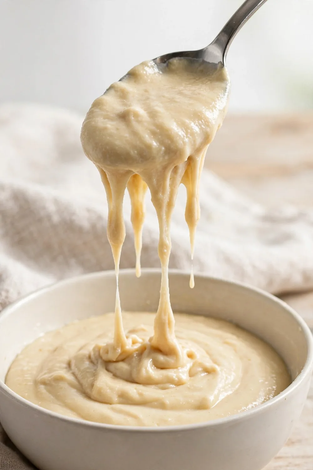 Spoon lifting thick waffle batter that falls slowly from the spoon