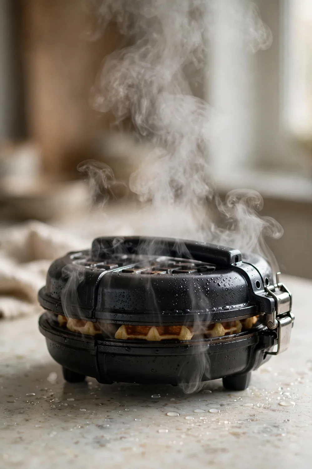 Closed waffle iron with steam escaping while waffles bake inside