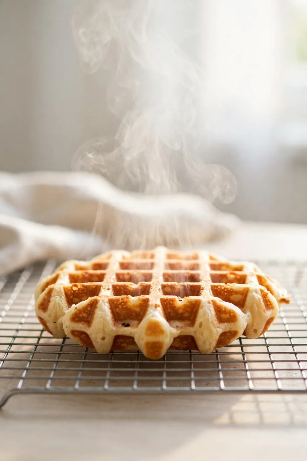 Fresh waffle on a wire rack with steam rising in bright light