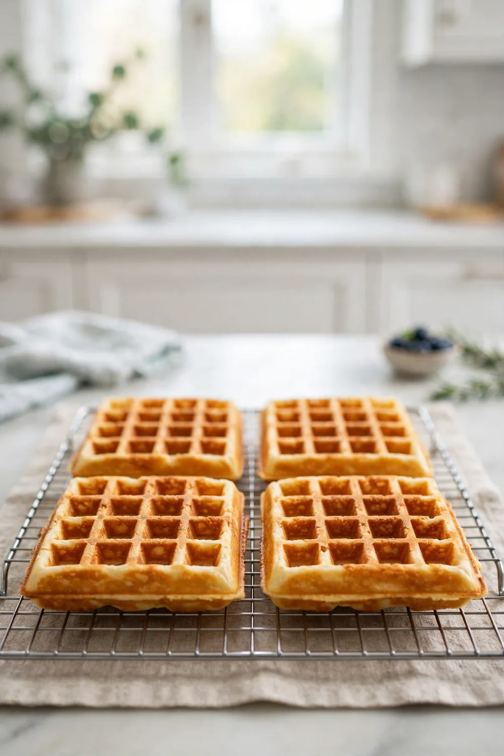 Crisp waffles cooling in a single layer on a wire rack