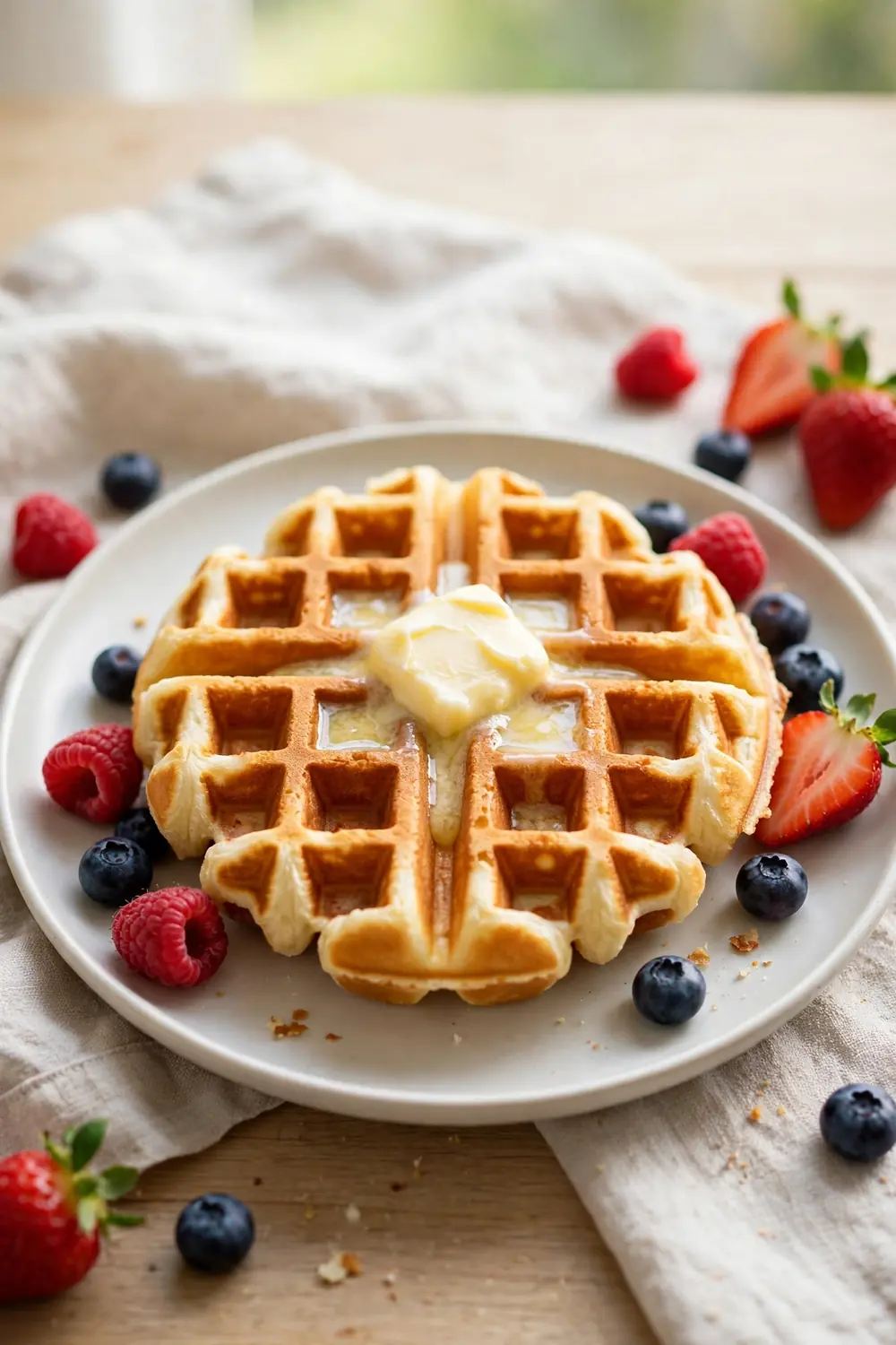 Crisp waffle served at once with butter and berries on a plate
