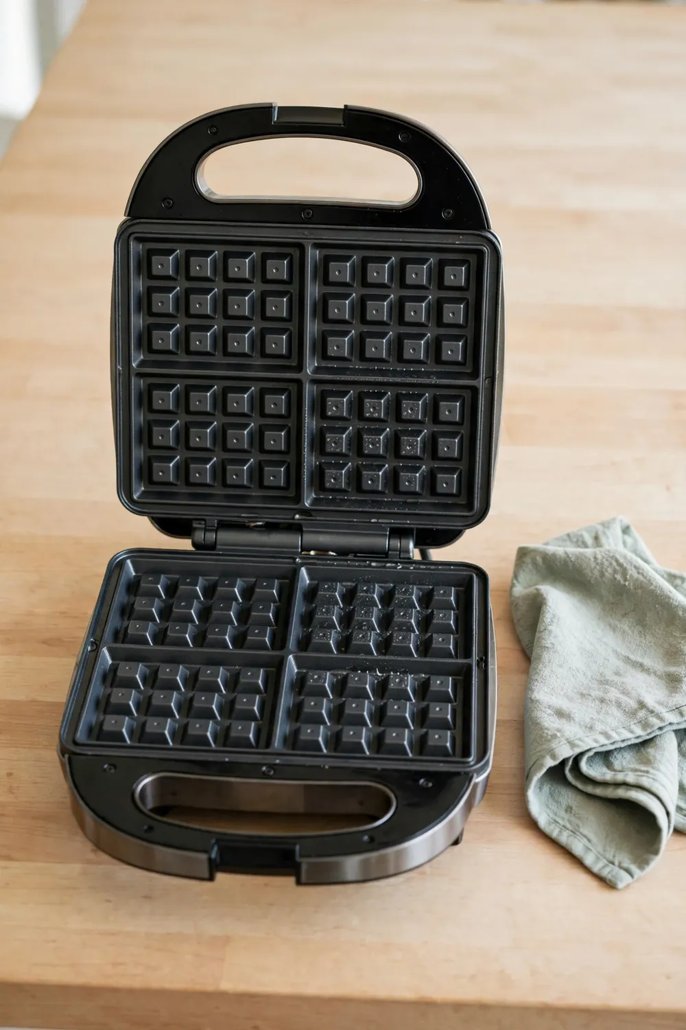 Clean waffle iron plates wiped with a cloth after baking