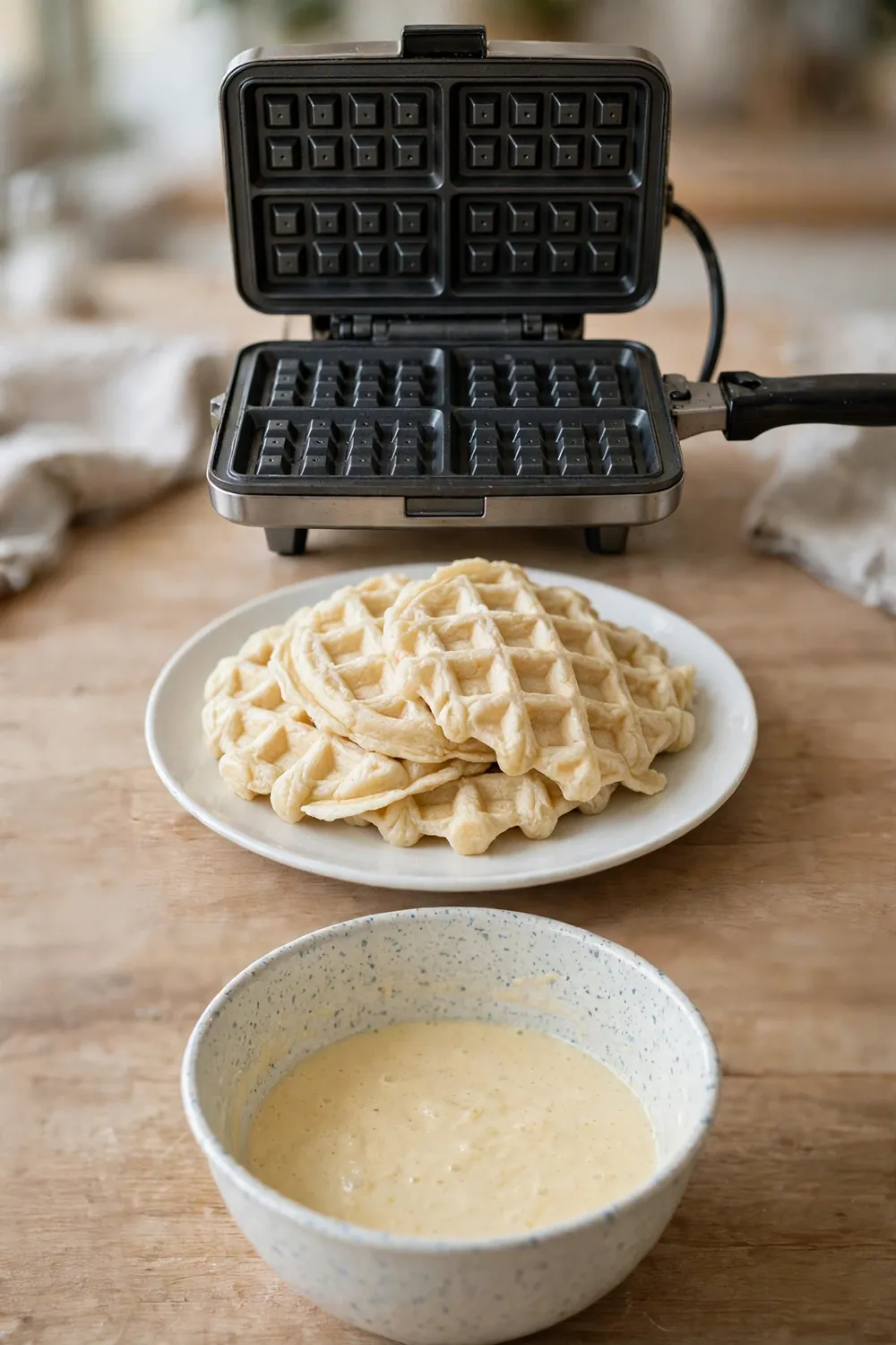 Limp waffles on a plate beside a waffle iron and batter bowl