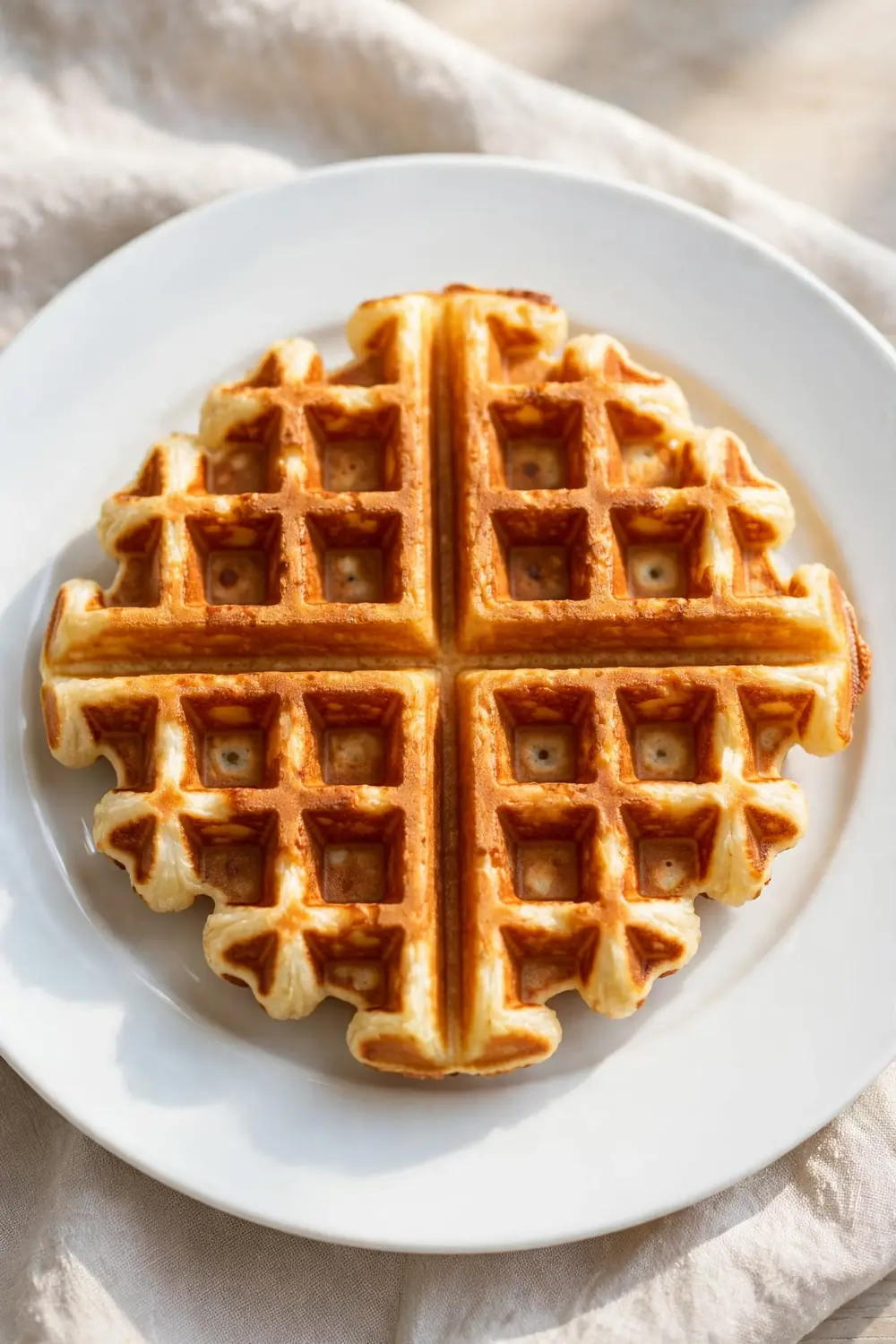 Golden crispy waffle with deep grids held up on a plate