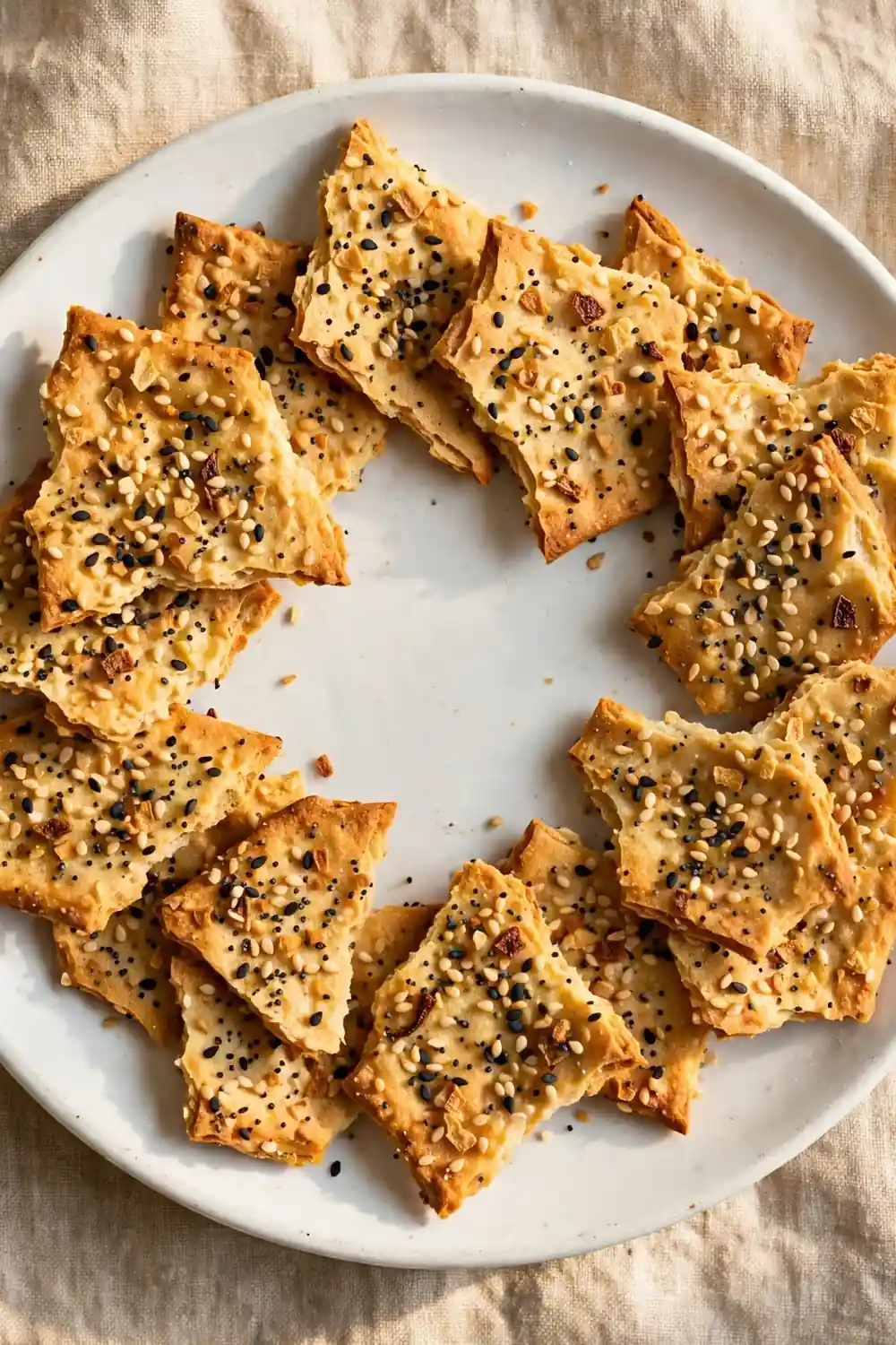 Everything bagel seasoned starter crackers with sesame and poppy seeds