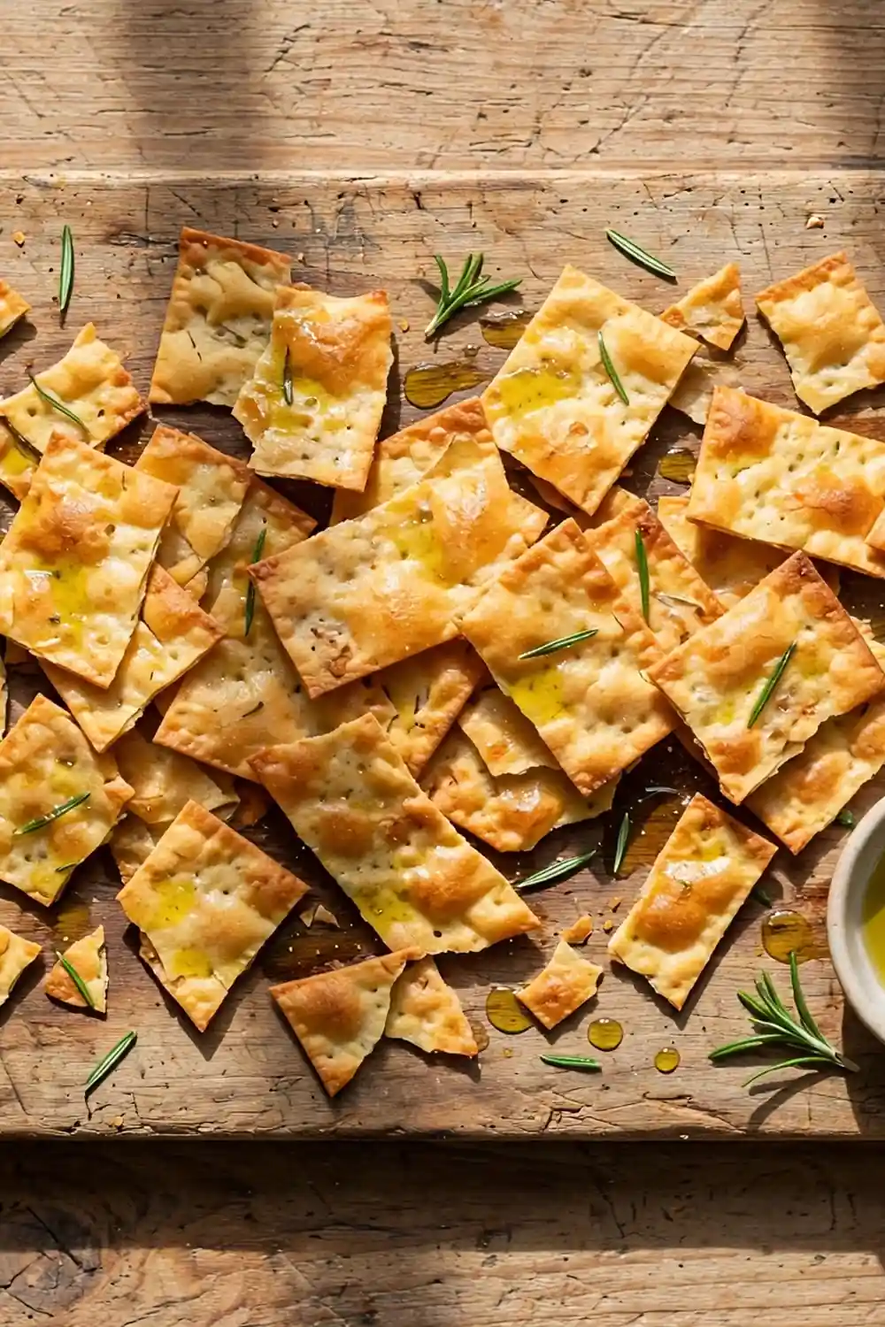 Rosemary olive oil starter crackers with fresh rosemary needles on a wooden board