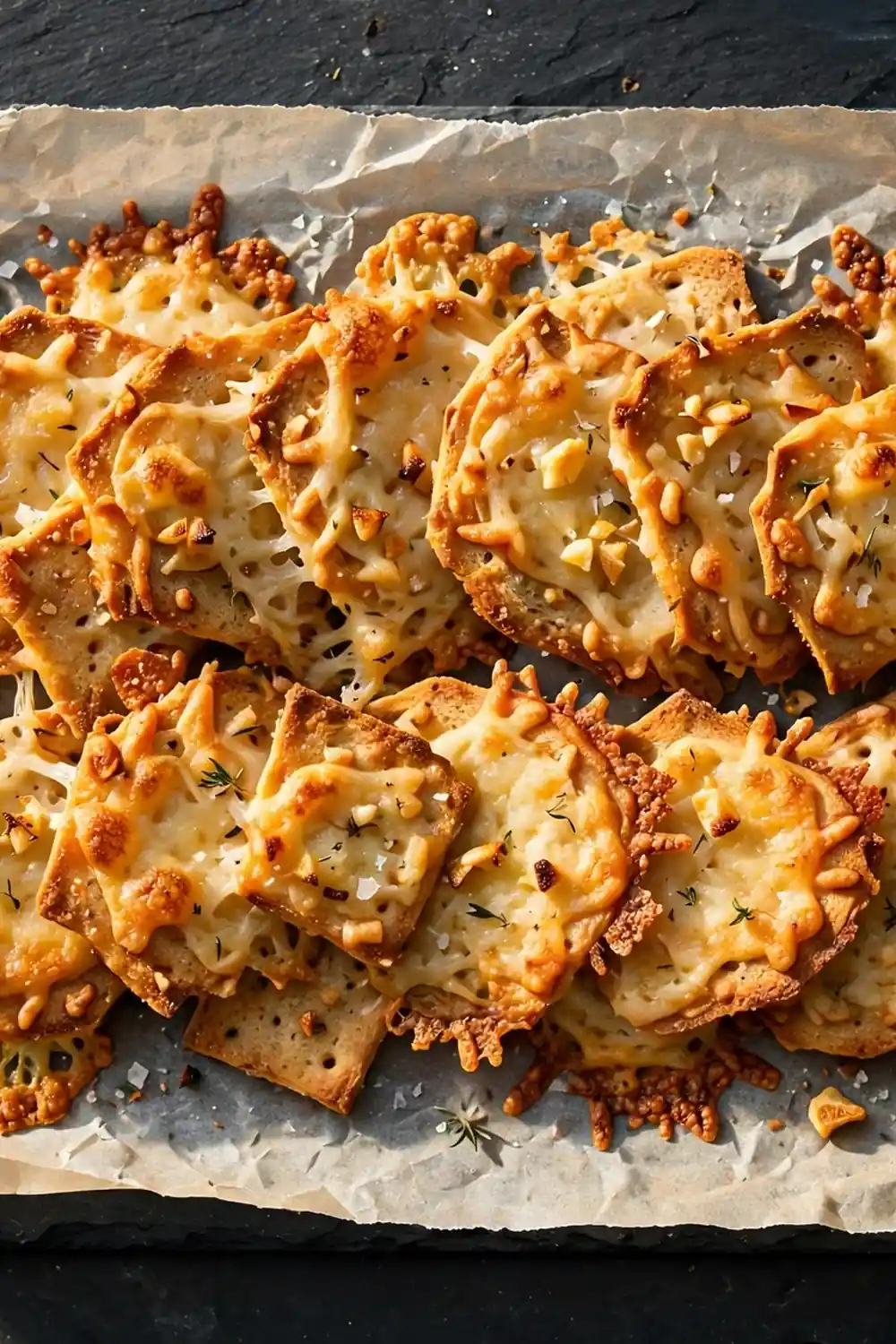 Garlic parmesan starter crackers with golden cheese edges on parchment