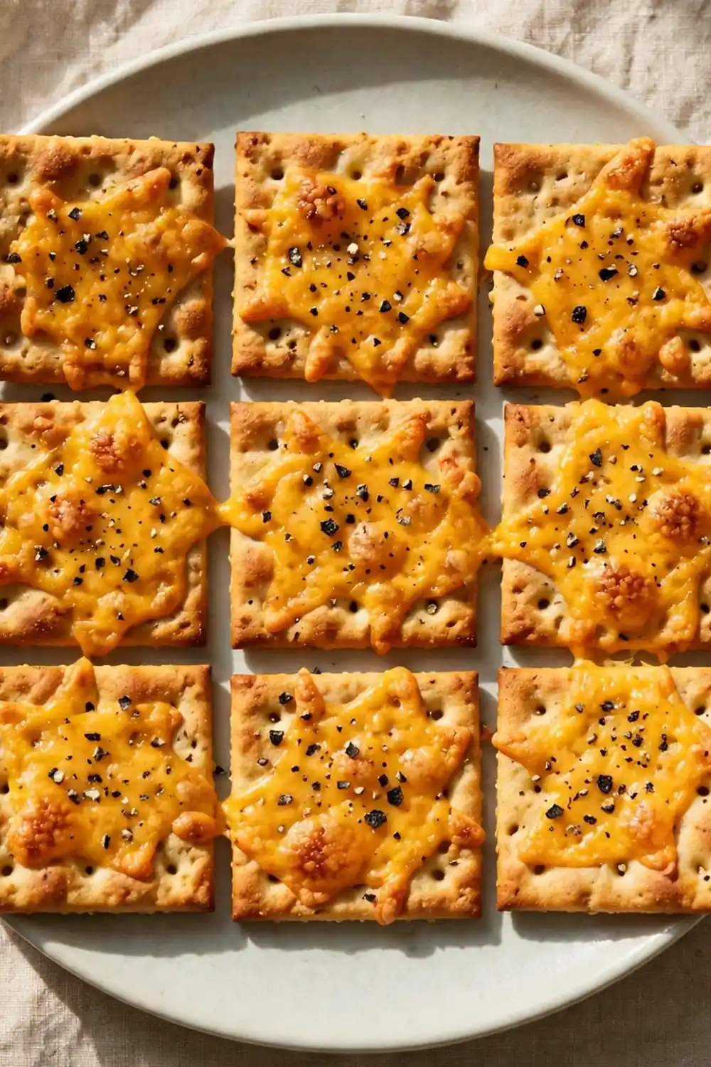 Black pepper cheddar starter crackers with melted cheese and cracked pepper