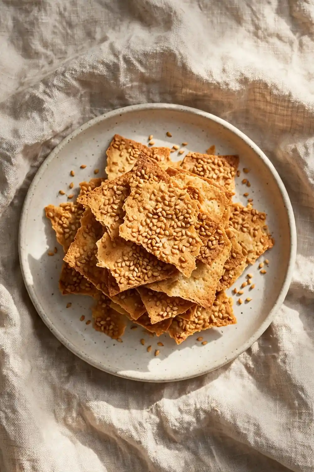 Sesame seed starter cracker thins stacked on a ceramic plate