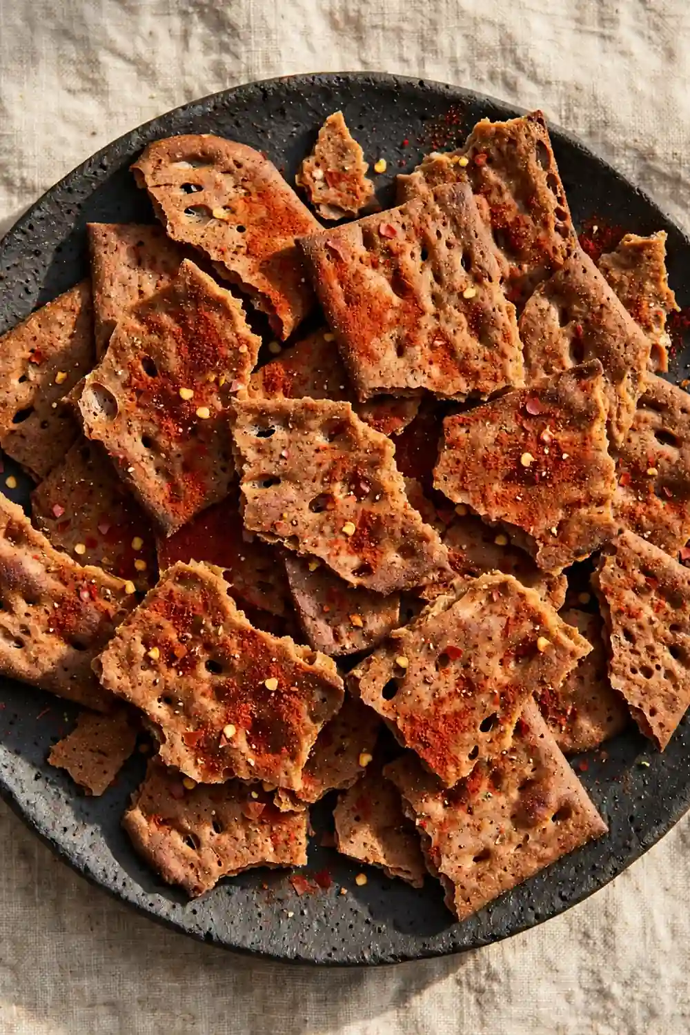 Smoked paprika starter crackers with deep russet color on a dark plate