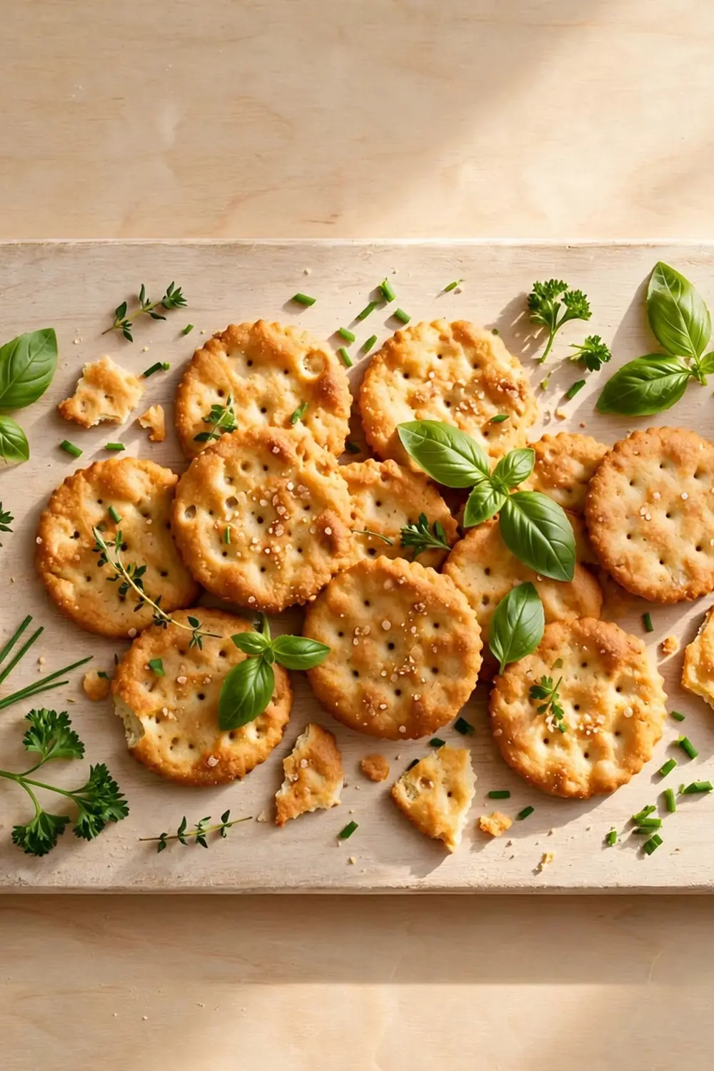 Herb garden starter crackers with basil thyme and chives on a wooden board