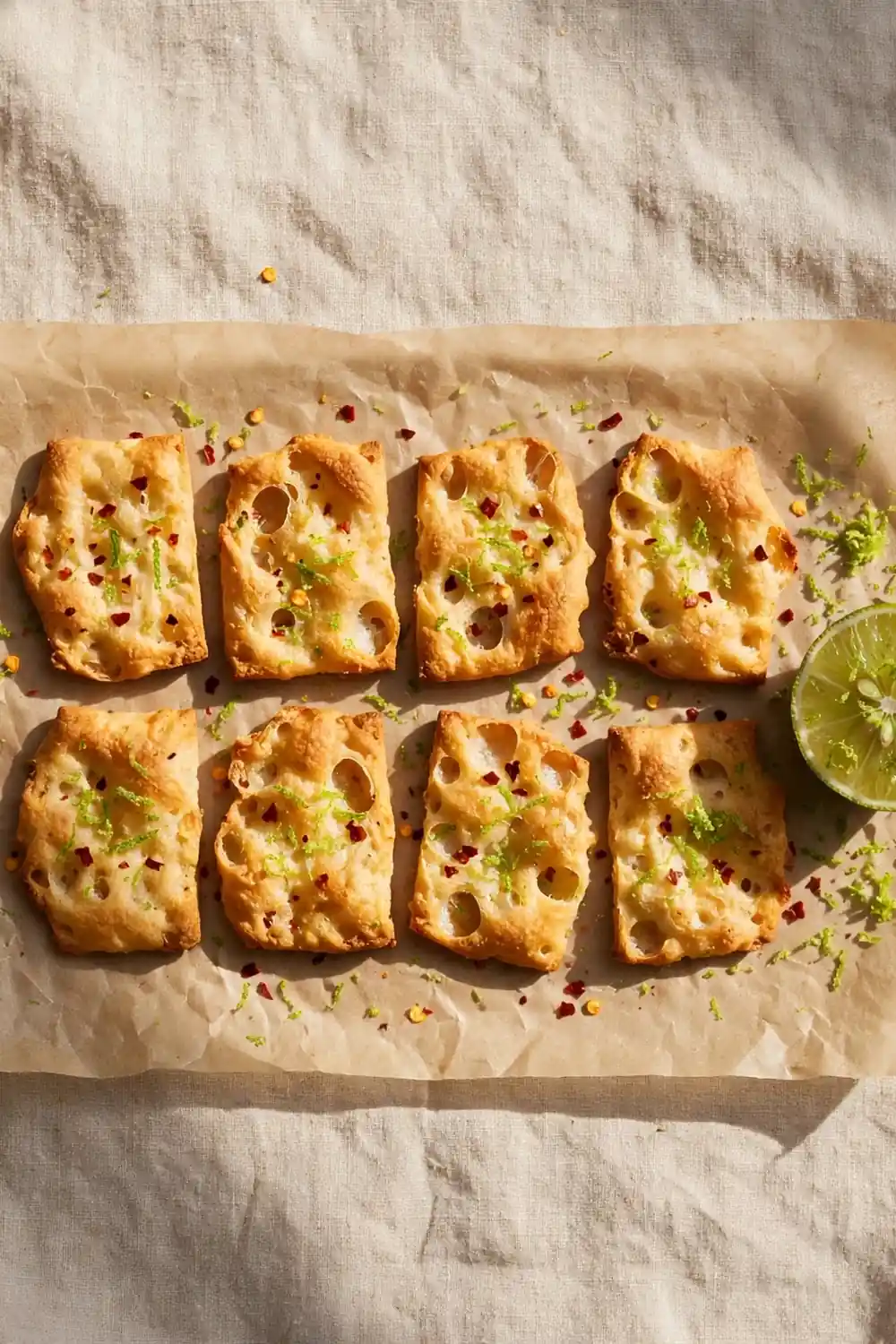 Chili lime starter crackers with red chili flakes and lime zest