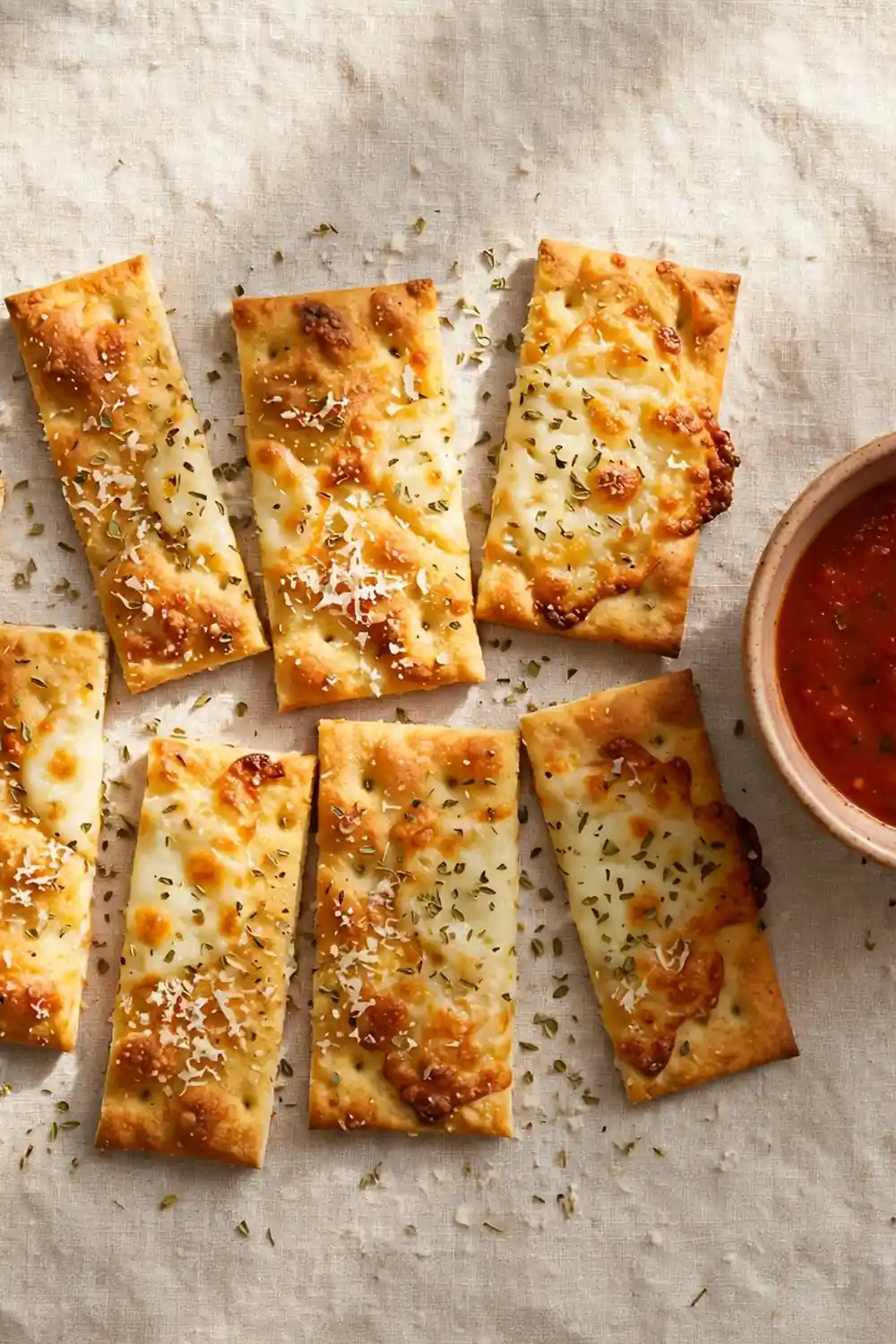 Cheesy pizza starter cracker bites with oregano and melted mozzarella