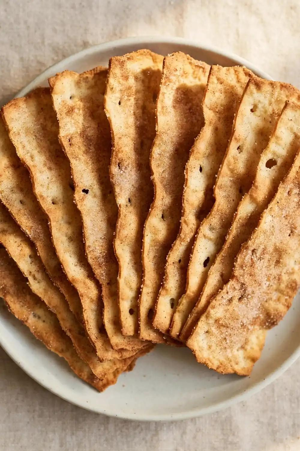Cinnamon sugar starter crisps dusted with spice on a light plate