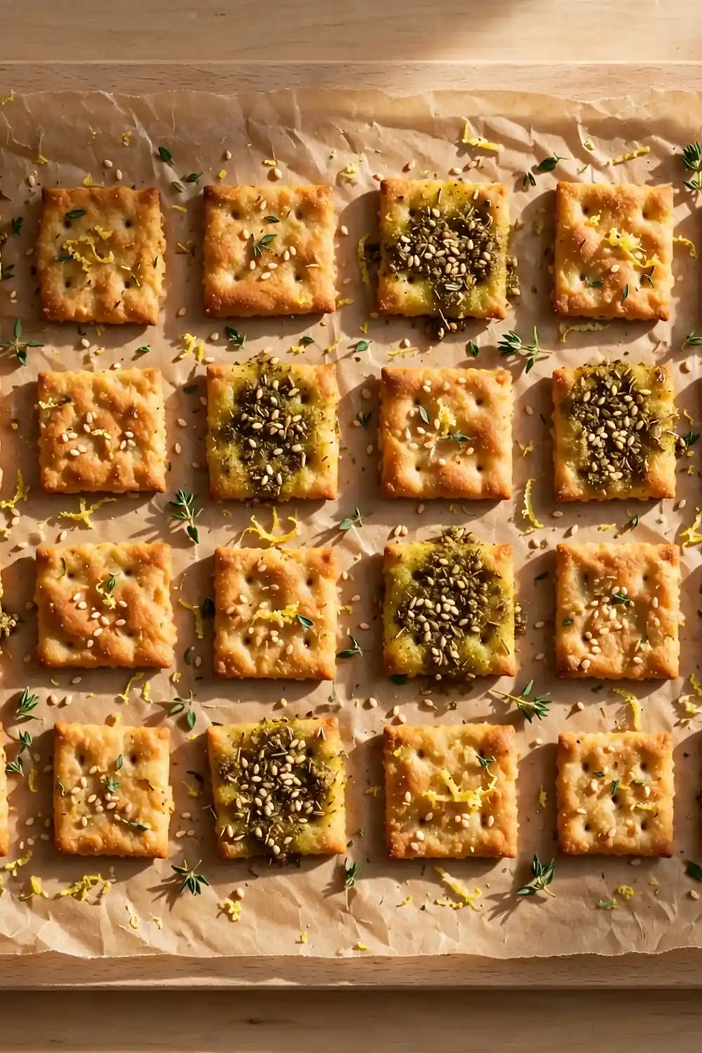 Zaatar lemon starter cracker thins with sesame and thyme on parchment