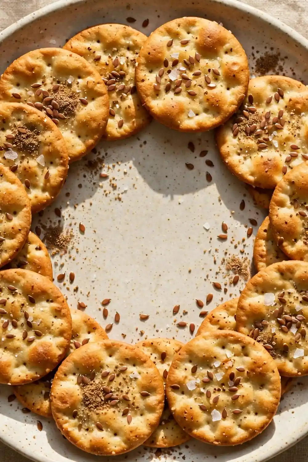 Flaxseed starter cracker rounds with seeds and flaky salt on a tray