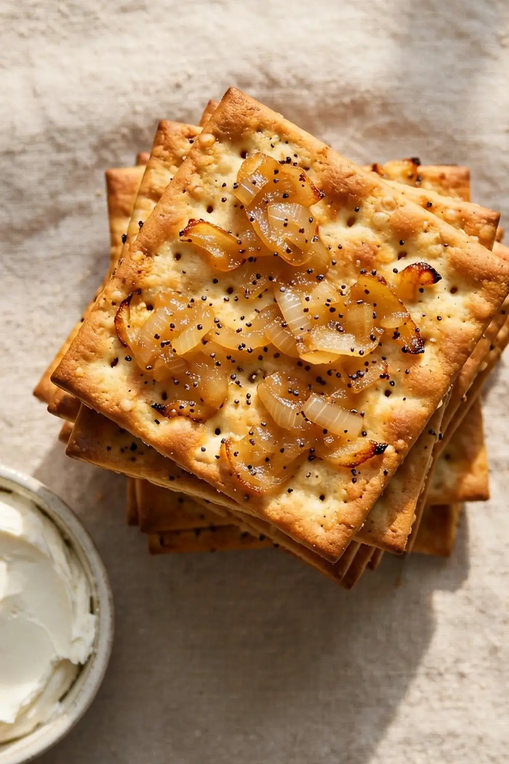 Onion poppy seed starter cracker squares stacked beside cream cheese
