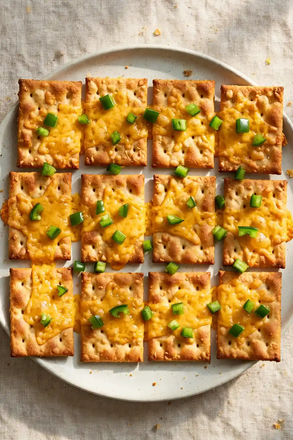 Spicy jalapeno cheddar starter crackers with green pepper bits
