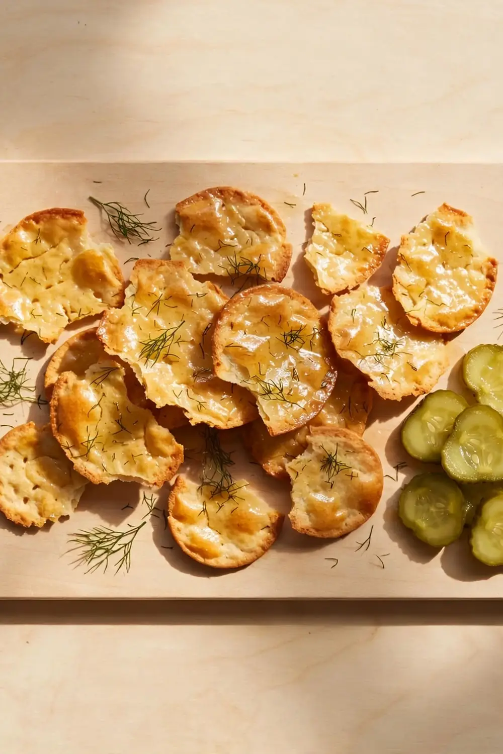 Dill pickle starter crackers with dried dill and pickle slices nearby