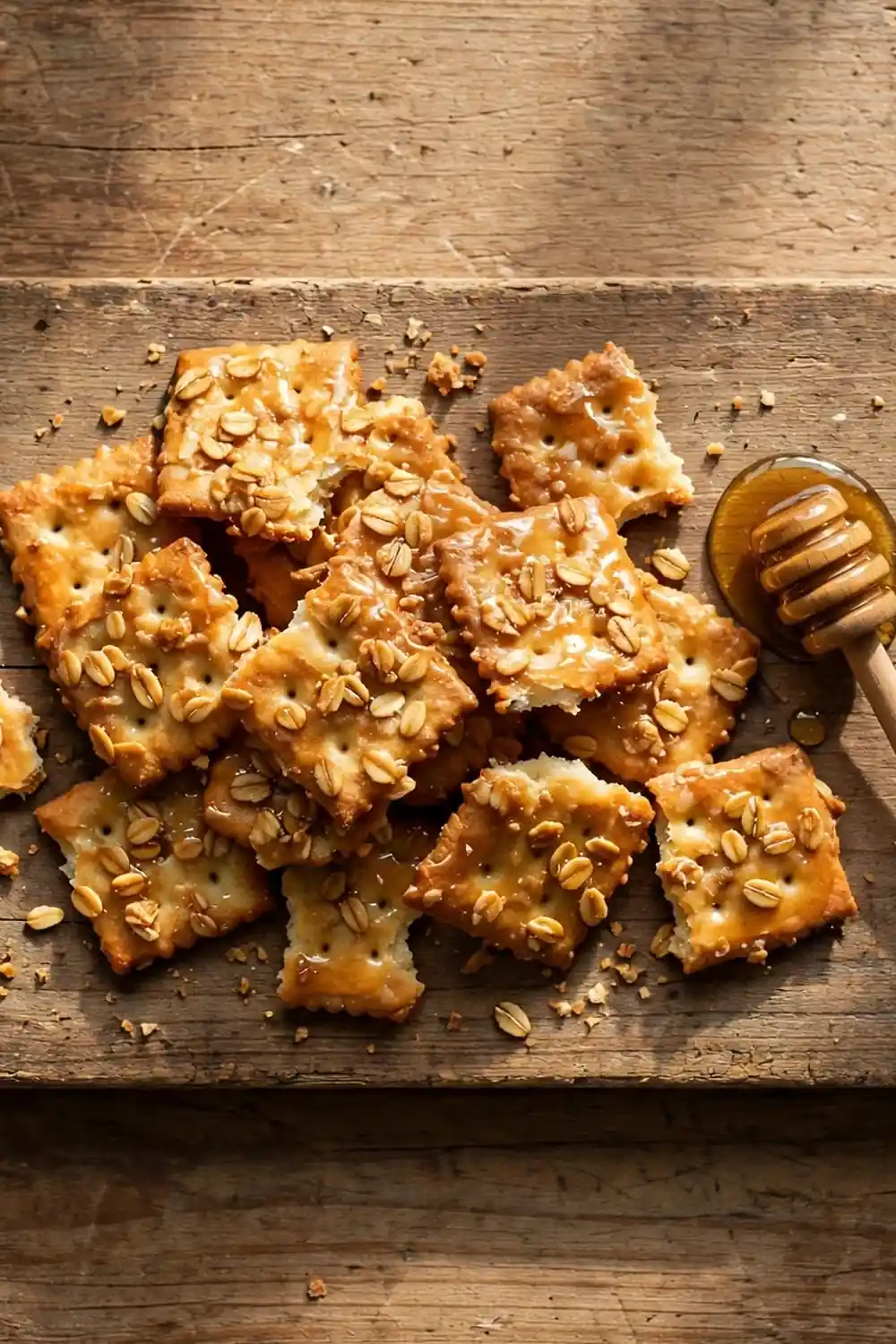 Toasted oat starter crisps with golden oats on a rustic board