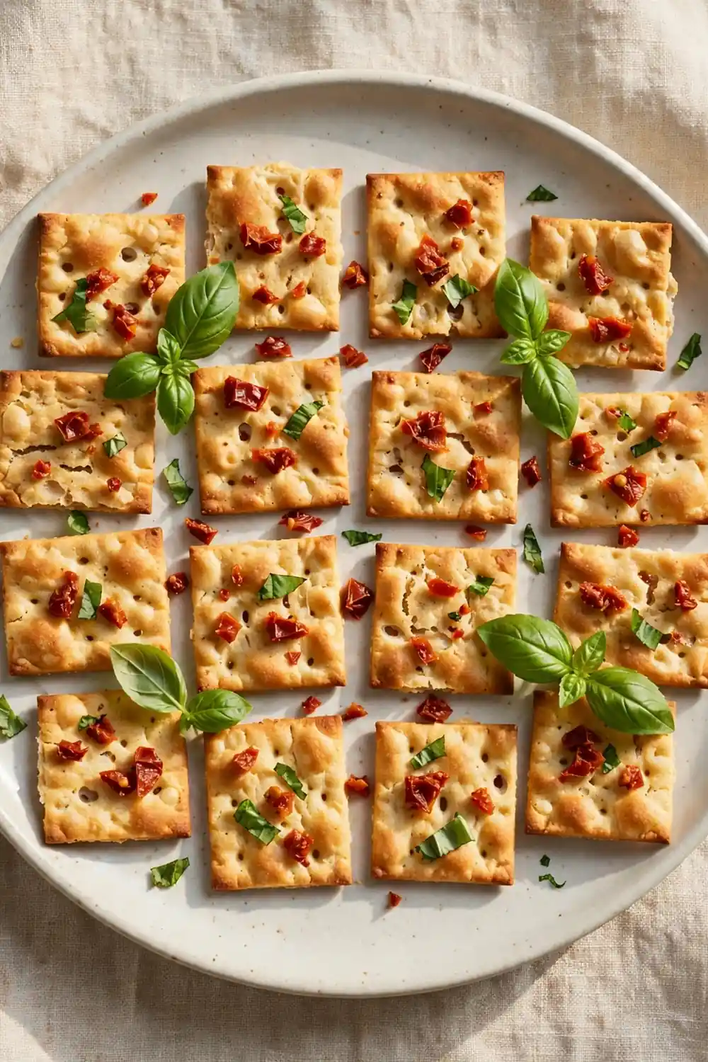 Sun-dried tomato basil starter crackers with tomato bits and basil leaves