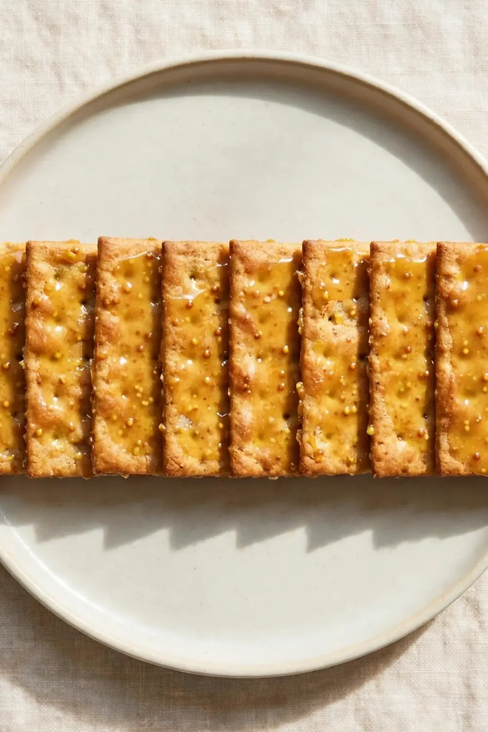 Honey mustard glazed starter crackers with golden shine on a plate