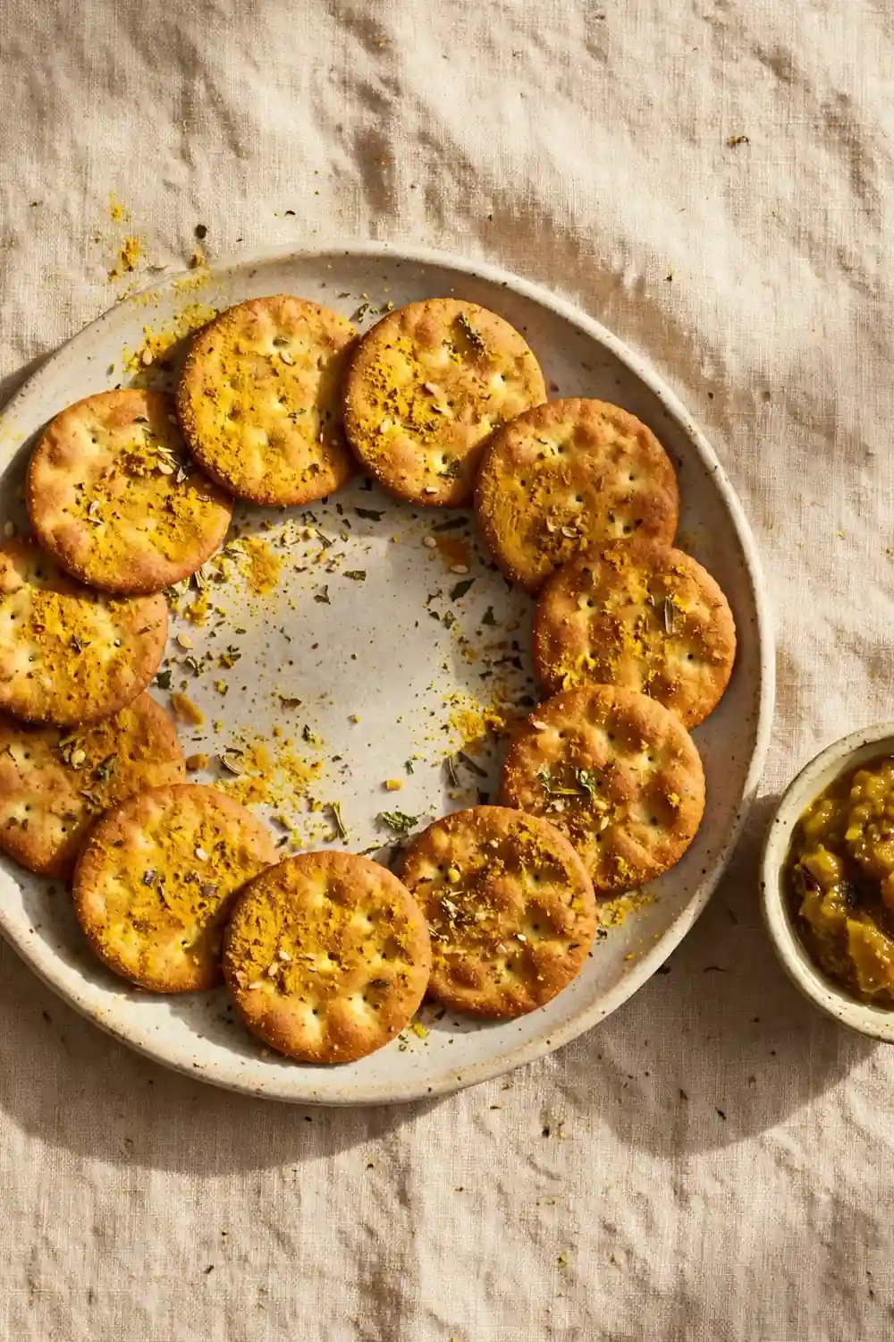 Curry turmeric starter cracker rounds with golden color and chutney