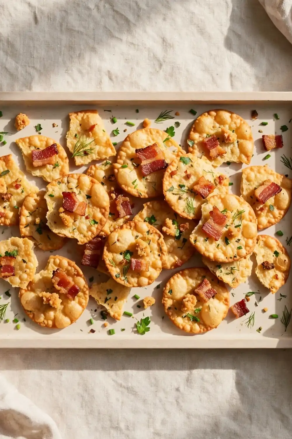 Bacon ranch starter crisps with crumbled bacon and herbs on a tray