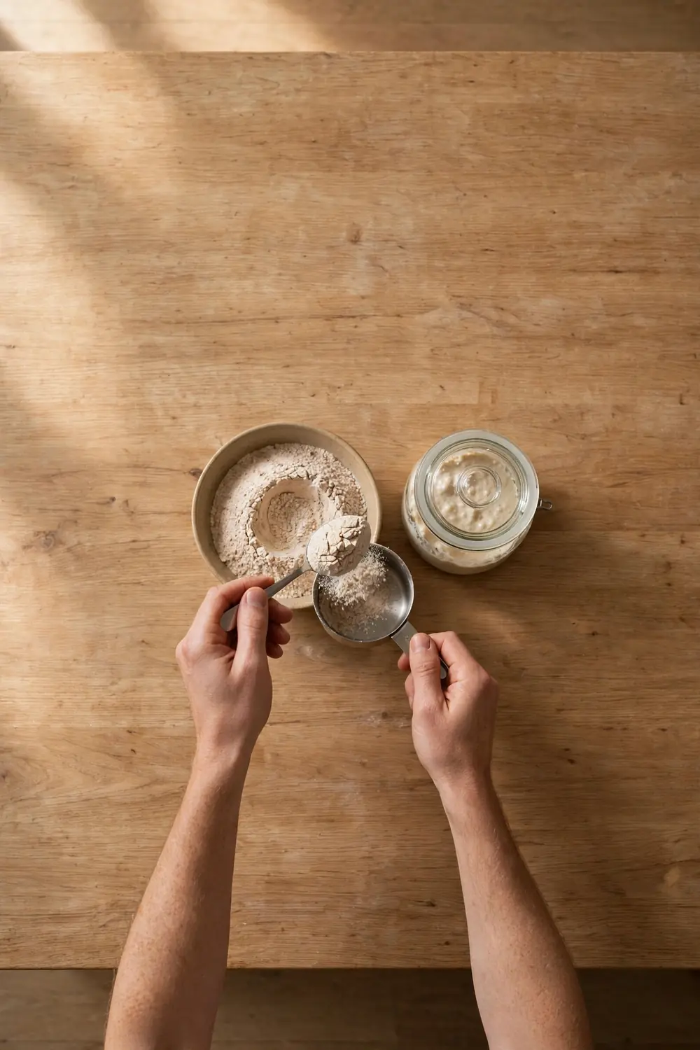 sourdough starter being fed with flour in a glass jar