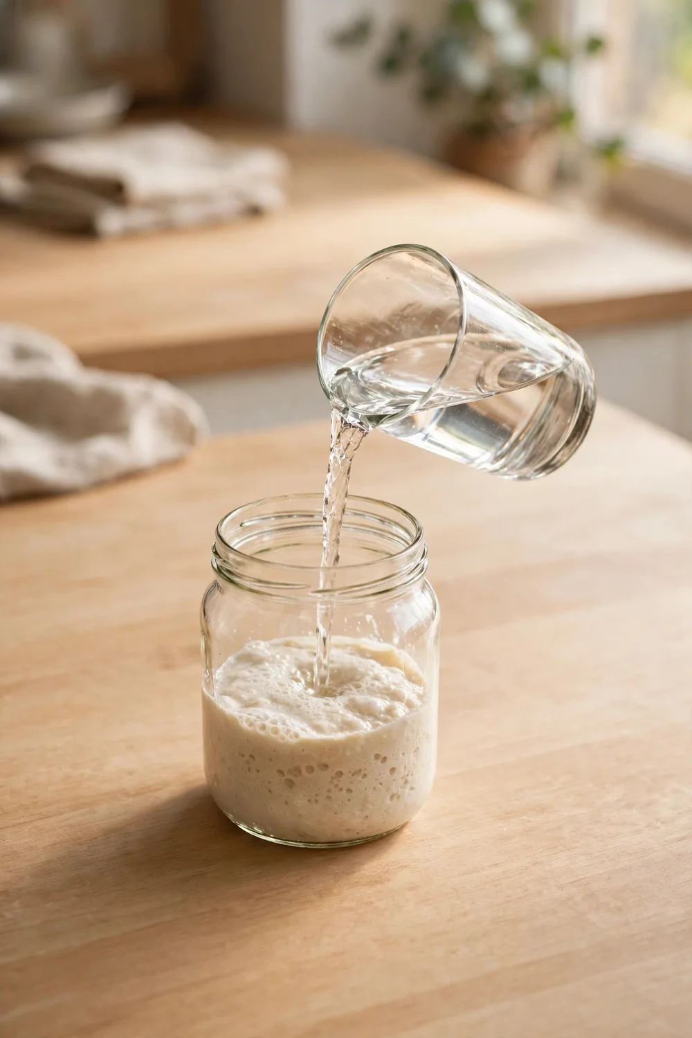 glass of clean water beside a sourdough starter jar