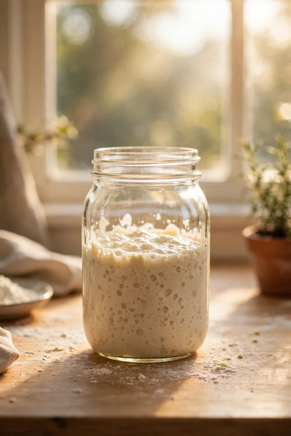 sourdough starter jar kept in a warm spot in the kitchen