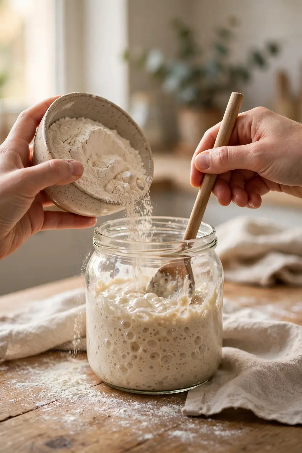 hands feeding a sourdough starter on schedule in a bright kitchen
