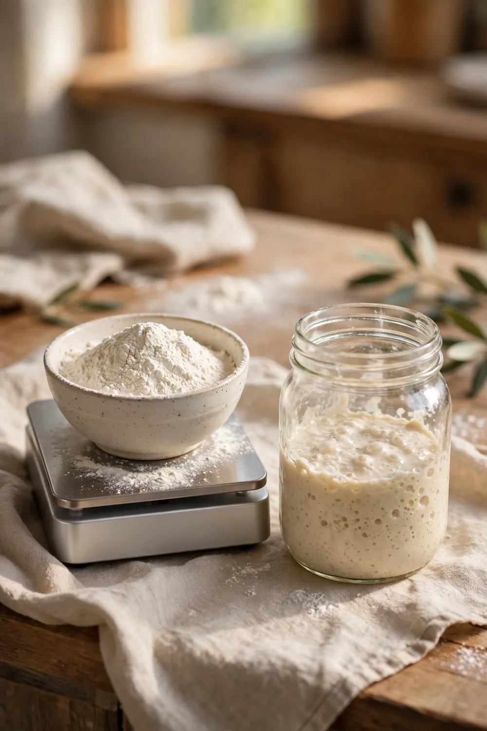 measuring flour and water for a sourdough starter feeding