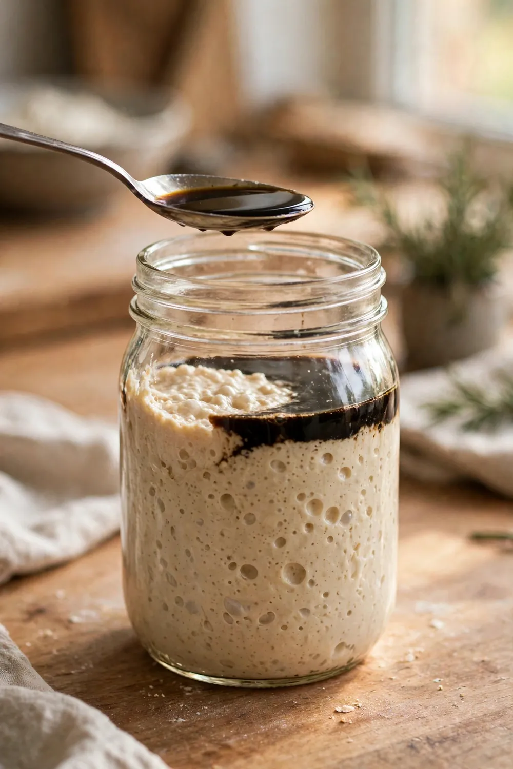 neglected sourdough starter with liquid on top in a jar