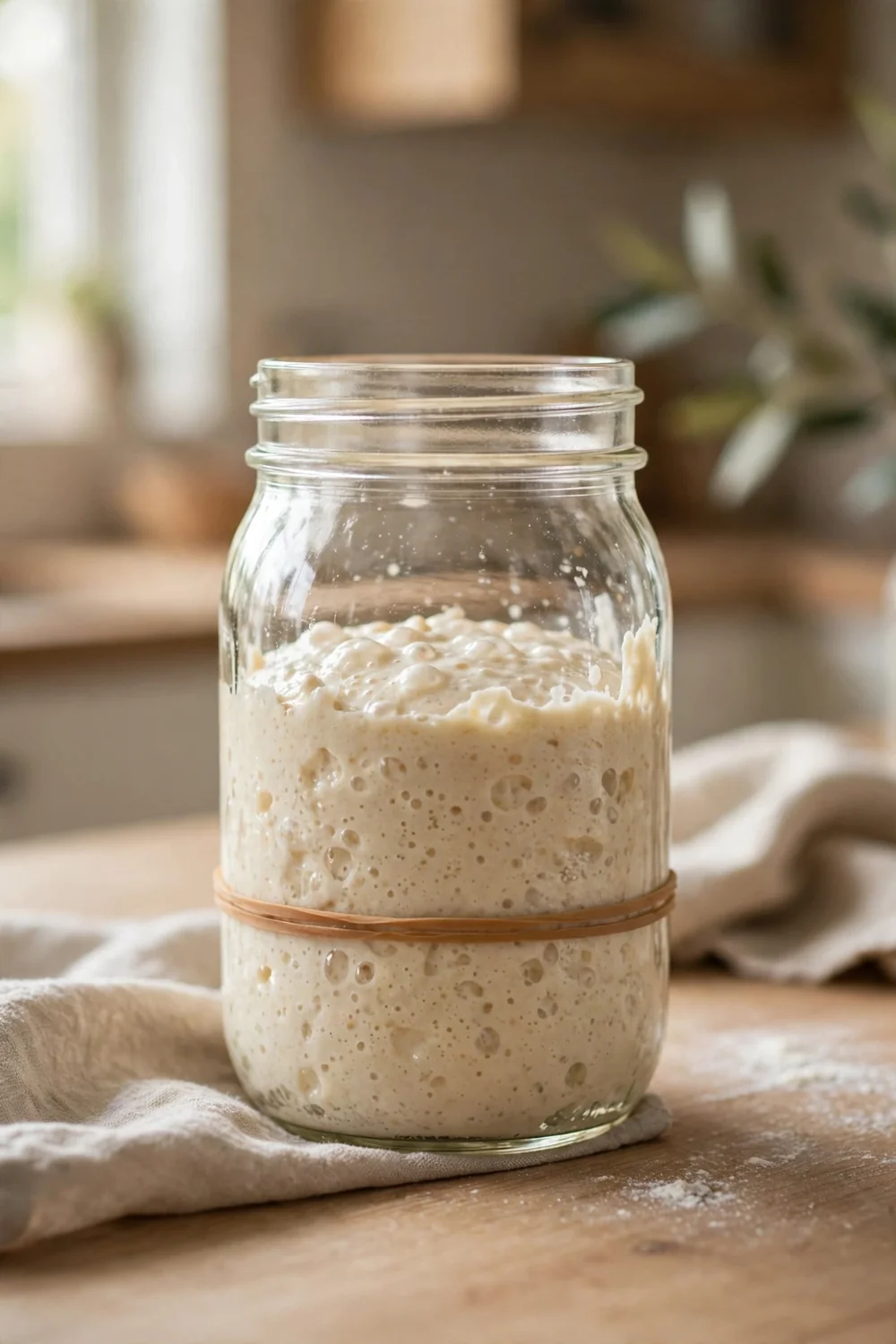 sourdough starter jar with a rubber band marking the level