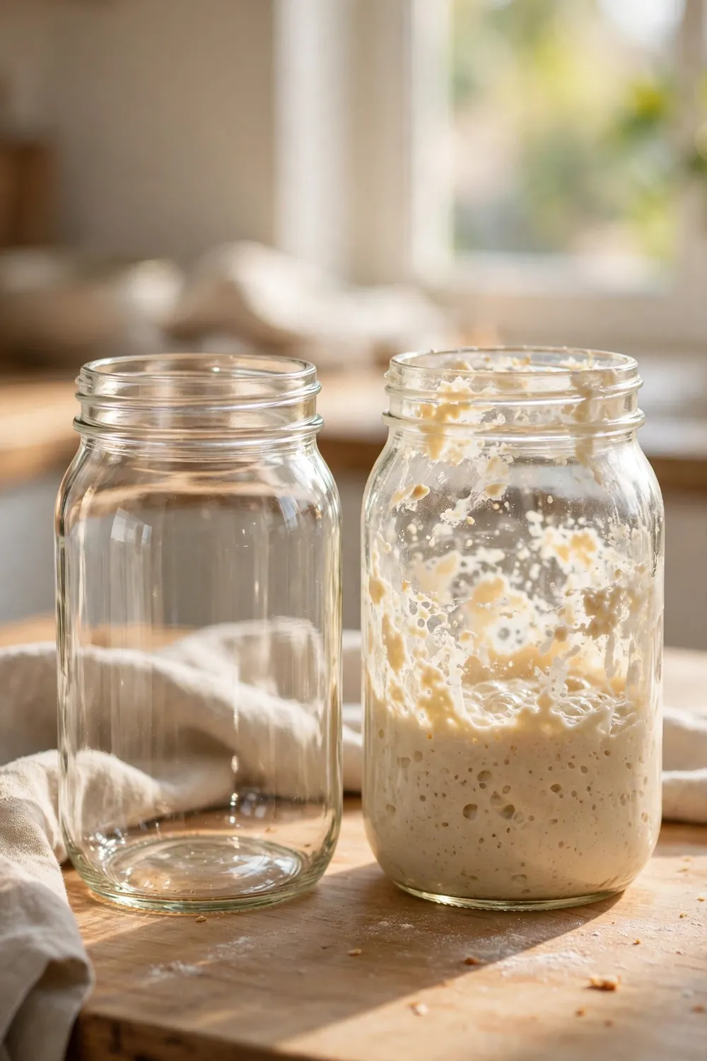 clean empty glass jar beside a sourdough starter on a counter