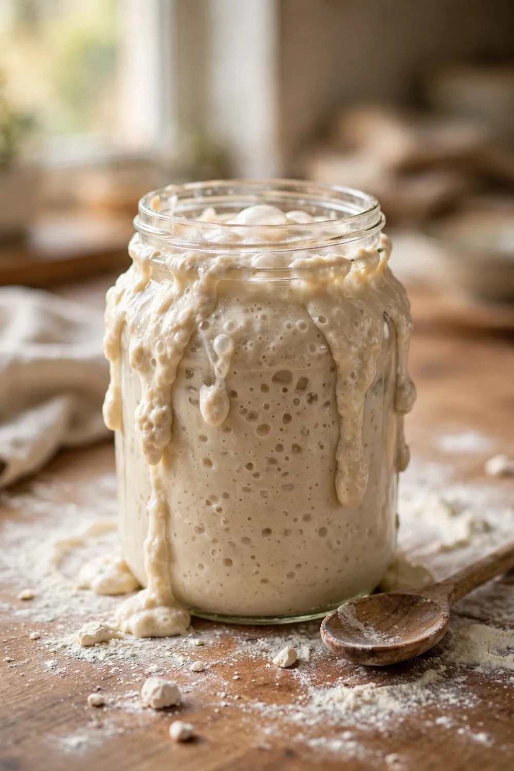 sourdough starter jar beside common baking tools on a counter