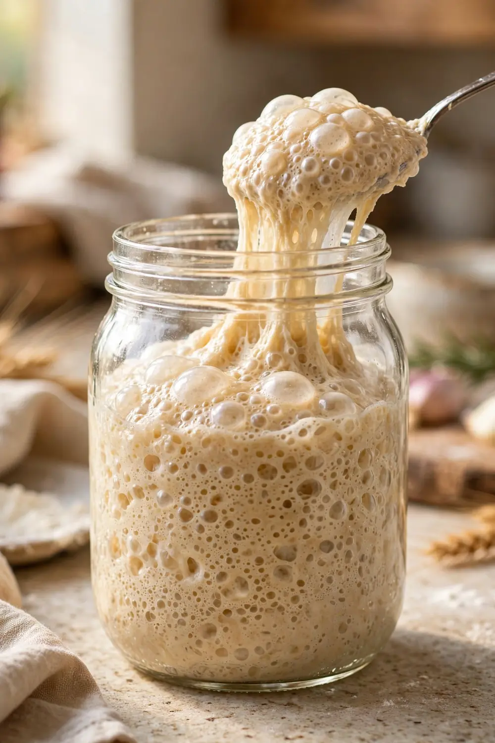 bubbly active sourdough starter rising in a glass jar