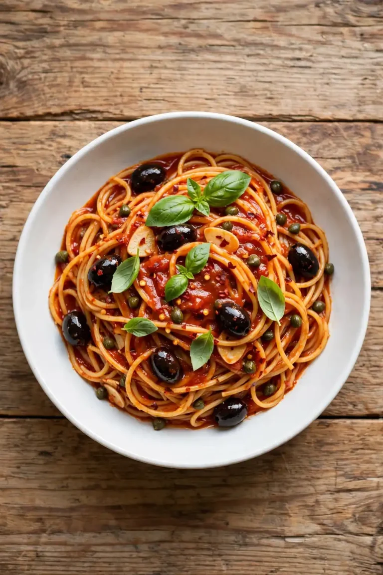 Spaghetti in tomato sauce with black olives, capers, garlic, and basil