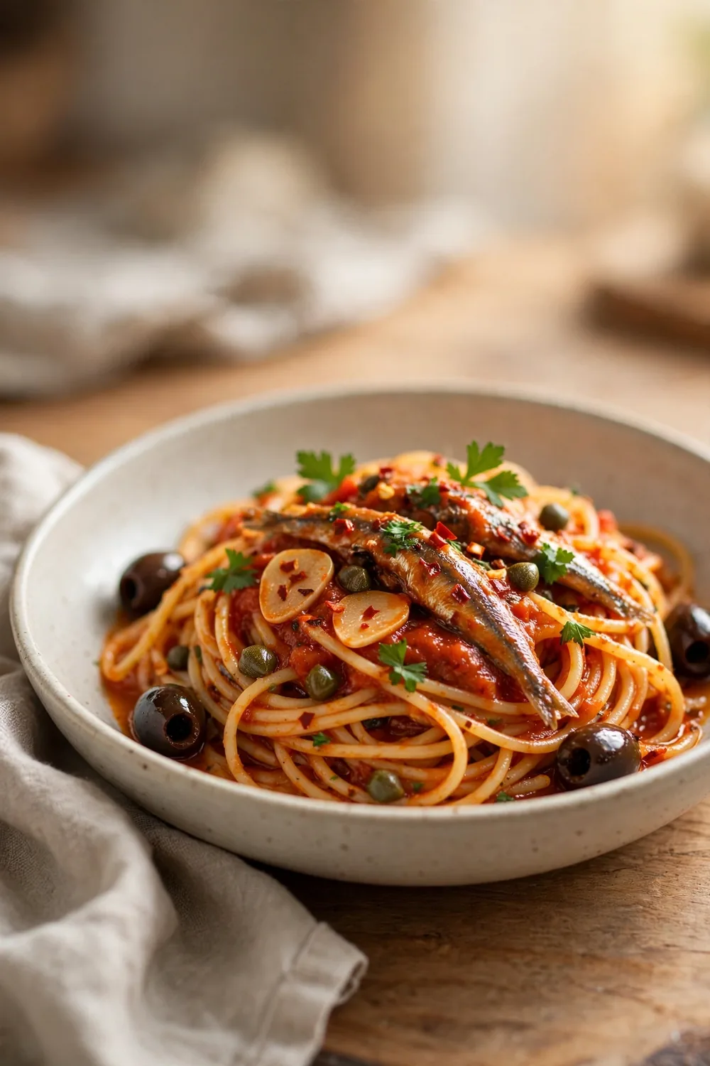 Spaghetti in tomato sauce topped with anchovies, olives, capers, and parsley